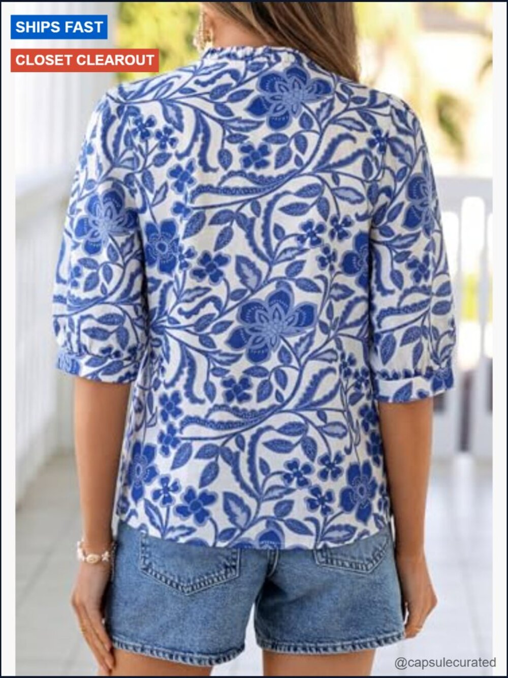 Floral Boho Blouse Half Sleeve V Neck Dressy Casual Top - Picture 4 of 7